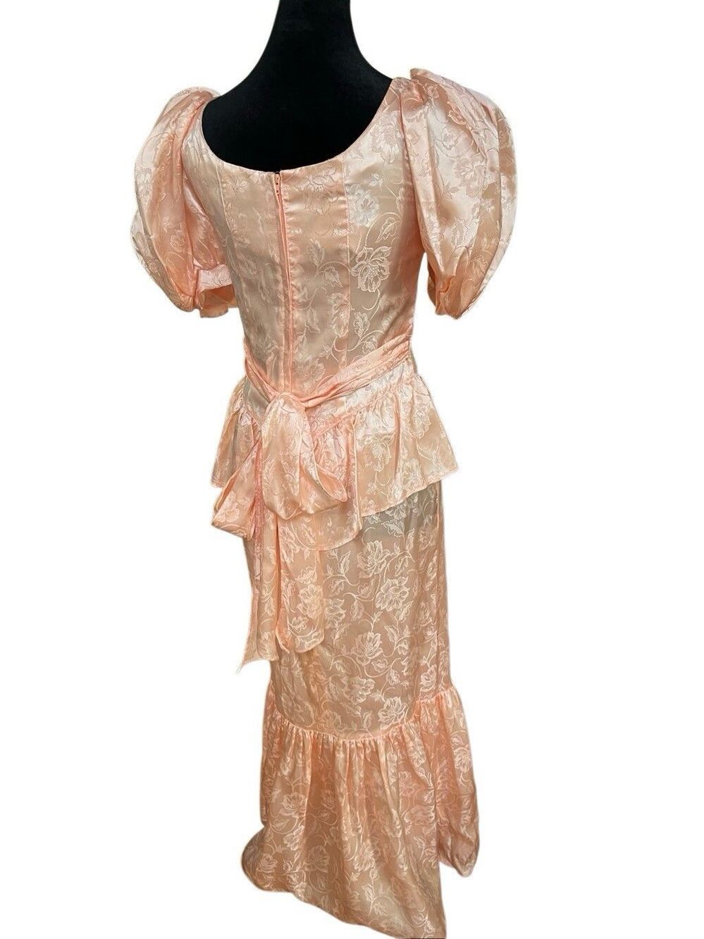 1980 VTG Gunne Sax Pink Floral Satin Puff Sleeve Ruffle Gown Size 7 - Picture 5 of 10